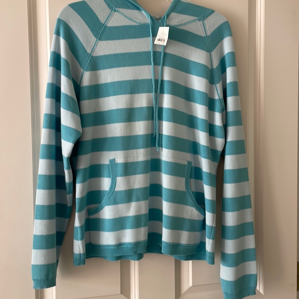 Loft cotton knit hoodie, turquoise stripes, new with tags NWT